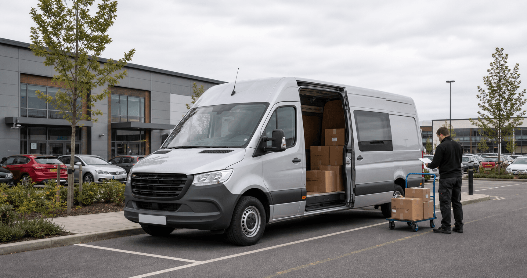 Modern self-drive rental van ready for loading in Crawley